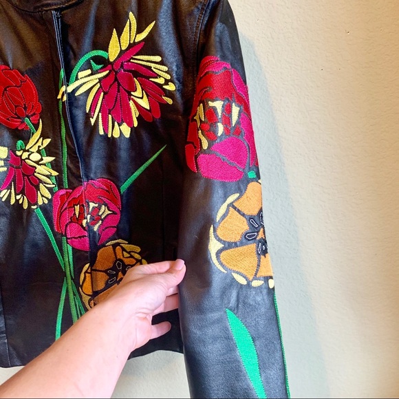 Floral Embroidered Leather Biker Jacket - Picture 5 of 8